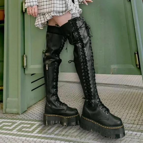 Black Lace-Up Knee-High Boots - Picture 3 of 6